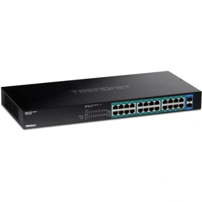 Abbildung von TRENDnet TPE TG262 26 Port Gigabit PoE+ Switch, 24 x 30 W Ports, 2 SFP Steckplätze, 380 PoE Budget, 52 Gbit/s Switching Kapazität, 1 HE 19 Zoll Rack montierbar, Schwarz