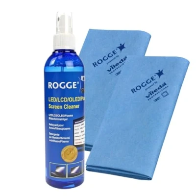 Abbildung von ROGGE Duo Clean Original Set, 250ml Bildschirm Reiniger + 2 Microfasertücher. Reinigt Handy, Laptop und TV Displays LCD, LED, OLED, QLED, TFT entfernt Fettflecken Fingerabdrücke.