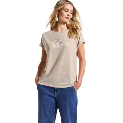 Abbildung von Street One Damen A322703 T Shirt mit Wording, Moonstone Sand, 36