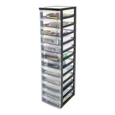 Abbildung von Iris Ohyama Kunststoff Schubladenbox mit Rollen, 12 flachen Schubladen, Schwarz, Griffe zum Ziehen, Für Schlafzimmer, Bad, Schule &amp; Büro, BPA frei, Schubladenschrank, Rollcontainer, A4 Drawer,