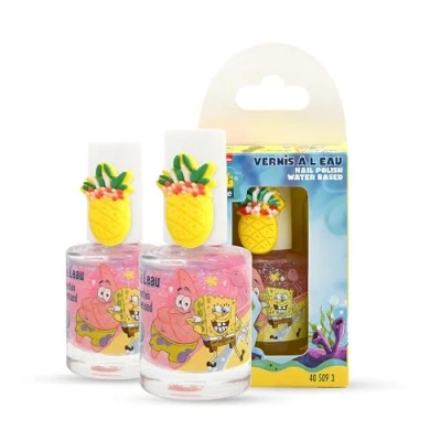 Abbildung von Spongebob Nagellack für Kinder 2er Stück Lizenzprodukt 9 ml auf Wasserbasis Leicht aufzutragen Mit warmem Wasser entfernbar Ungiftig