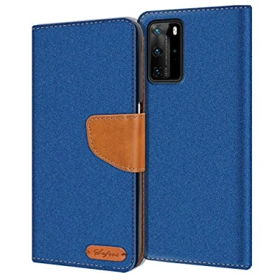 Abbildung von Verco kompatibel mit Huawei P40 Pro Hülle, Schutzhülle für Tasche Denim Textil Book Case Flip Klapphülle, Blau