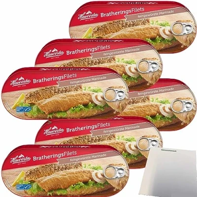 Abbildung von Hawesta Bratheringsfilets in feingewürzter Marinade MSC 6er Pack (6x325g Dose) + usy Block
