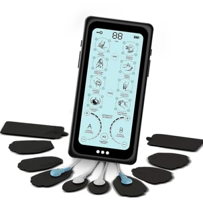 Abbildung von Orthomechanik TENS/EMS Gerät Reizstromgerät für Schmerzlinderung und Muskeltraining, elektrische Nerven Muskelstimulation, mit Massagefunktion 8 Ersatzpads