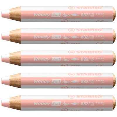 Abbildung von duo Buntstift, Wasserfarbe &amp; Wachsmalkreide STABILO woody 3 in 1 zweifarbige Mine 5er Pack weiß/apricot