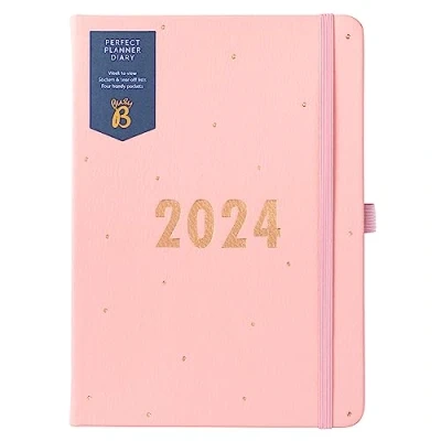 Abbildung von Busy B Perfect planner Terminkalender von Januar bis Dezember 2024 Pink A5 Wochenübersicht Planer mit Kunstlederdeckel, Stickern und Abreisslisten