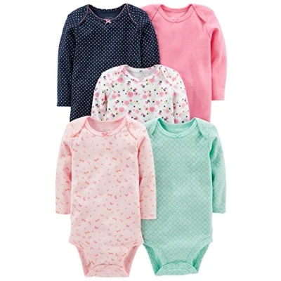 Abbildung von Simple Joys by Carter&#039;s Unisex Baby 5 Pack Long Sleeve Bodysuit Body, Marineblau Punkte/Minzgrün/Rosa/Floral/Schmetterlinge, Frühchen (5er Pack)