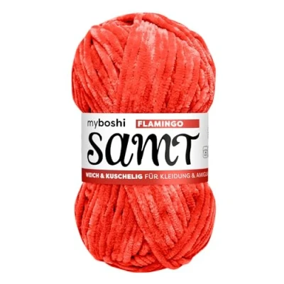 Abbildung von myboshi Samt Wolle zum Häkeln und Stricken, weiche Chenille im XXL Knäuel, perfekt für Amigurumi Kissen, 100% Flauschige Polyester, 100g, Ll 100m Orange (Flamingo) 1 Knäuel