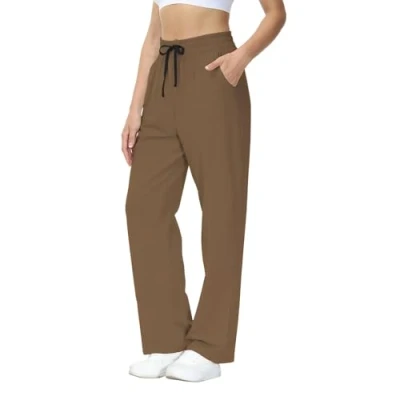 Abbildung von HMIYA Jogginghose Damen Baumwolle Freizeithose Lang offenem Boden Yogahose Sporthose Geradem Bein Hose mit Taschen (Hellbraun XXL)