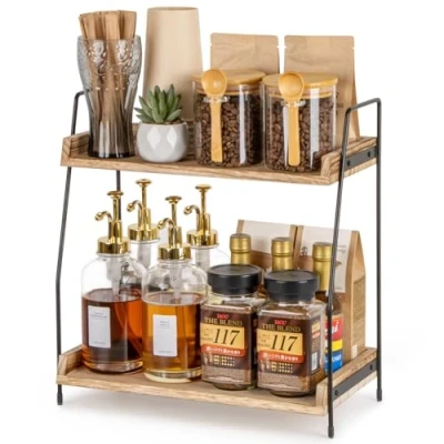 Abbildung von ANBOXIT Kaffee Organizer, Küchen Organizer Holz, Küchenregal Arbeitsplatte, 2 Tier Kaffeebar Regal für Küche, Zuhause, Büro Braun