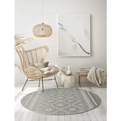 Abbildung von the carpet Calgary robuster Teppich, Flachgewebe, modernes Design, ideal für Wohnzimmer, Esszimmer und Außenbereich, In Outdoor, Vintage Optik, Boho Style, Grau Raute, 160 cm Rund