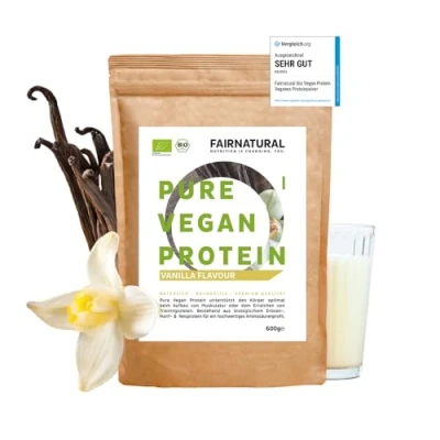 Abbildung von Fairnatural VEGAN Protein Pulver Bio Vanille, Veganes Proteinpulver ohne Soja &amp; Chemie [Regional aus Deutschland] 5K pflanzliches Premium »Zum Backen als Eiweiß Shake « 600g