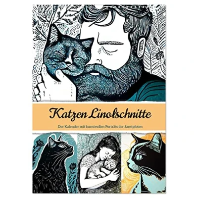 Abbildung von Katzen Linolschnitt der Kalender mit kunstvollen Porträts Samtpfoten (Wandkalender 2025 DIN A3 hoch), CALVENDO Monatskalender