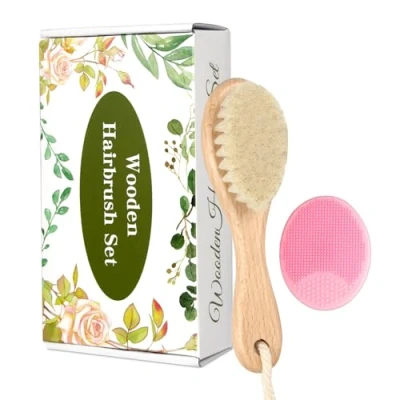 Abbildung von Baby Holzbürste und Kamm Set, 2 Stück Natürliche Ziegenhaarbürste mit Wiegenkappe für Neugeborene Kleinkinder Jungen Mädchen (Rosa)
