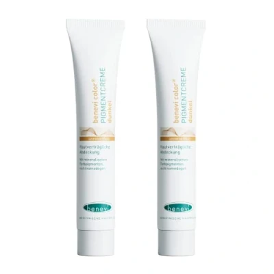 Abbildung von benevi Pigmentcreme 2 x 20 ml zum gezielten Abdecken von Rötungen, Pickeln, Unreinheiten oder als Make Up Ersatz. Kaschiert zuverlässig erweiterte und rote Äderchen bei Couperose &amp; Rosacea (dunkel)