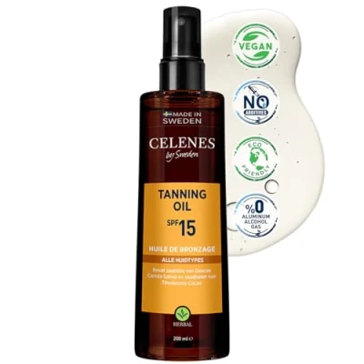 Abbildung von Celenes by Sweden Kräuter Bräunungsöl SPF 15 Für alle Hauttypen, Natürliche Bräune, Feuchtigkeitsspendend mit Kakao, Karotin &amp; Vitamin E, 200 ml Parabenfrei Alkoholfrei