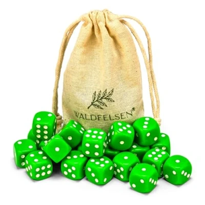 Abbildung von Waldfelsen 6, 12, 20, 30 oder 50 hochqualitative Würfel Standardgröße 16 mm Acrylwürfel Knobel Spielwürfel Dice 6 seitig sechsseitig Spielzubehör Set mit Stoffbeutel (Grasgrün, 20 Stück)