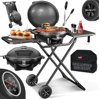 Abbildung von KESSER® elektrischer Elektrogrill 2in1 Tischgrill Standgrill mit Deckel max. 2400 Watt Faltbar Thermostat Antihaftbeschichtung Grillplatte Abstelltische 2 Räder inkl. Cover &amp; Zange