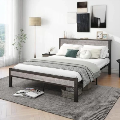 Abbildung von Diahomy Kingsize Bettgestell aus Metall, Plattform mit Holzkopfteil, Matratzenuntergestell, Unterbettaufbewahrung, kein Boxspringbett nötig, Grau, 208 x 150 cm