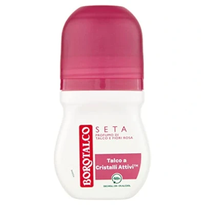 Abbildung von Borotalco, Deo Roll On Seide, Formel ohne Alkohol und Talkum mit aktiven Kristallen, dreifacher Trockenschutz, Duft von rosa Blumen, 48h Wirksamkeit 1 Flasche 50 ml