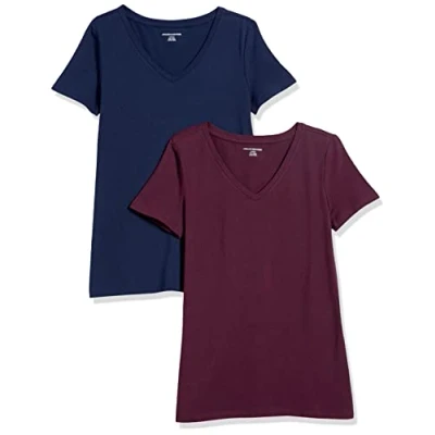 Abbildung von Amazon Essentials Damen Kurzärmeliges T Shirt mit V Ausschnitt, Klassischer Schnitt, 2er Pack, Burgunderrot/Marineblau, XS