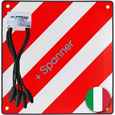 Abbildung von PLANGER® Warntafel Italien (50 x 50 cm) + Spanner Reflektierendes Warnschild rot weiß für Heckträger u Fahrradträger