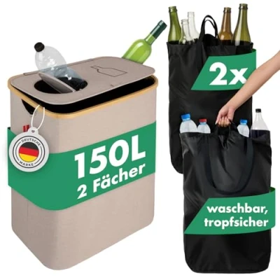 Abbildung von Blumtal Pflandflaschen Sammelbehälter 150L mit 2 Fächern Bambus Pfandflaschen Organizer Flaschensammler Leergut Behälter Altglas Loch Beige