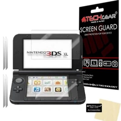 Abbildung von TECHGEAR [2 Stück Displayschutz für Nintendo 3DS XL 2014 Ultra Klare Schutzfolie [Oben + Unten] mit Reinigungstuch Applikationskarte