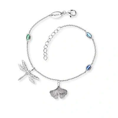 Abbildung von Engelsrufer Armband aus Sterlingsilber mit Libellen und Ginkgo Anhänger in den Farben Silber Grün Blau, Länge: 17cm + 3cm, ERB JOYNATURE ZIM