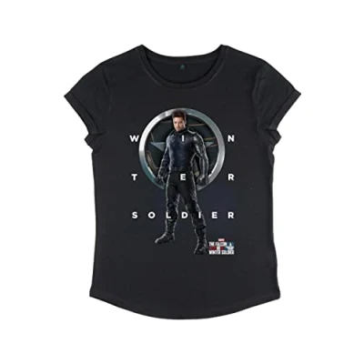 Abbildung von Marvel Damen The Falcon And Winter Soldier Grid Text Women&#039;s Rolled Sleeve T shirt, Schwarz, S