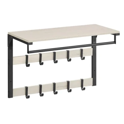 Abbildung von VASAGLE Wandgarderobe, mit Ablage, Wandregal 10 abnehmbaren Haken, Hängeregal, Wandmontage, 2 Garderobenleisten, Kleiderstange, für Flur, Schlafzimmer, Badezimmer, vintageweiß schwarz LCR101W03