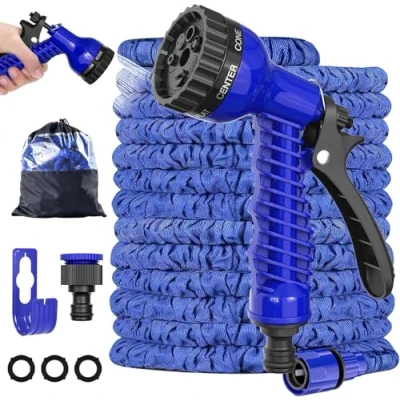 Abbildung von LINGKY Flexibler Gartenschlauch mit 7 Funktion 15m, Wasserschlauch flexibel 3 Fach Latexkern inkl. Adapter für 1/2&#039; 3/4&#039; Zoll und Wandhalterung, dehnbarer flexiSchlauch, Garden Hose