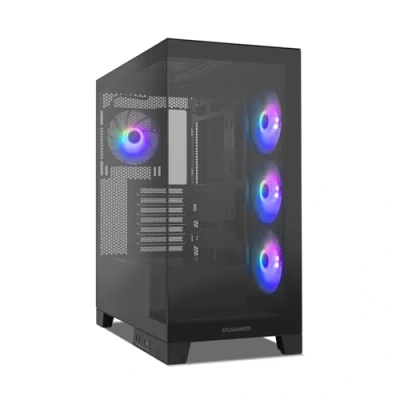 Abbildung von NOX XTREME PRODUCTS Hummer Glock Black Semitower ATX M ITX, rahmenloses gehärtetes Panoramaglas, Platz für 10 Lüfter, 4X 120mm Lüfter vorinstalliert, USB C und 3.0, Schwarz