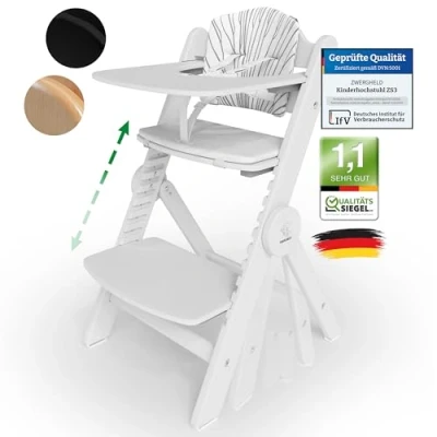 Abbildung von ZWERGHELD® Premium Kinderhochstuhl ZS3 Set mitwachsend klappbar verstellbar, Hochstuhl Baby ab 6 Monaten bis 90kg belastbar, mit Essbrett Treppenhochstuhl Kinderstuhl Holz High Chair (snow white)