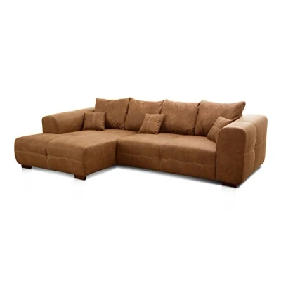 Abbildung von Cavadore Ecksofa Mavericco / XXL Eckcouch Inkl. Rückenkissen und Zierkissen Longchair links Industrial Style 285 x 69 170 (BxHxT) Mikrofaser Cognac