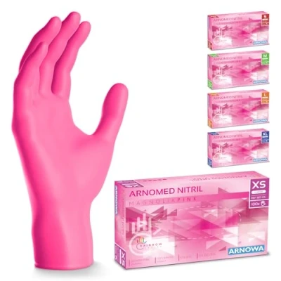 Abbildung von 200 Stück ARNOMED Einweghandschuhe Pink, Einmalhandschuhe XS, Nitril Handschuhe, Nitrilhandschuhe puderfrei, Gummi Handschuhe Einweg, Schutzhandschuhe, in S, M, L, XL