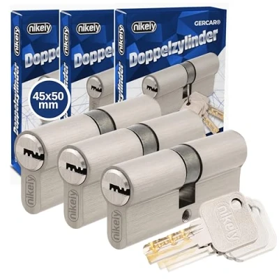 Abbildung von GERCAR Pro Profilzylinder 45/50 Massiver Schließzylinder gleichschließend 3er Set Doppelzylinder Zylinderschloss Messing matt inkl. 10 Schlüssel Wendeschlüssel Länge: 95 mm, A:45 B:50 3x