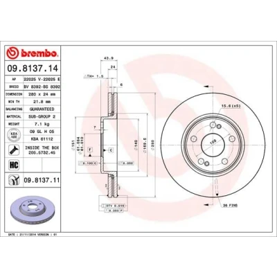 Abbildung von BREMBO 09.8137.11 Bremsscheibe 280 24 5 innenbelüftet beschichtet hochgekohlt mit Schrauben RENAULT: MEGANE 2 Kombi, Coupe Cabriolet