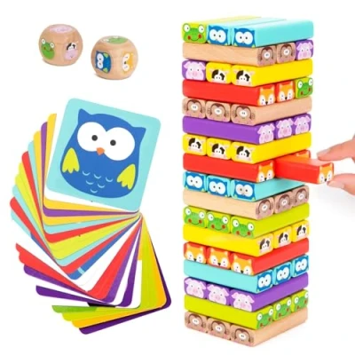Abbildung von Nene Toys Wackelturm 4 in 1 aus Holz mit Farben und Tieren Pädagogisches Kinderspiel ab 3 Jahre Spielzeug für Mädchen Jungs von bis 9 Jahren Stapelturm Brettspiel