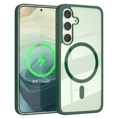 Abbildung von EAZY CASE Crystal TPU Hülle kompatibel mit Samsung Galaxy S24 Qi Charging, Silikon Kameraschutz, Slimcover, Handyhülle, Silikonhülle, Durchsichtig, Transparent/Nacht Grün