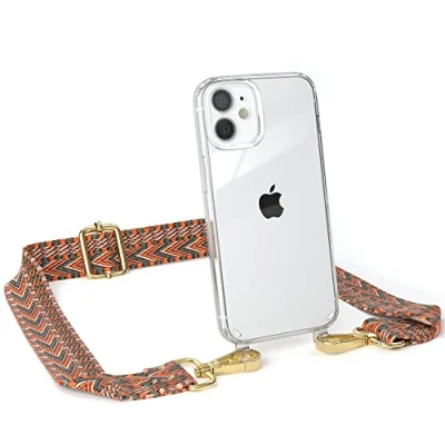 Abbildung von EAZY CASE Handykette Verstellbarer Trageriemen kompatibel mit iPhone 12 Mini, Handytaschenband, Handykordel Phone Case, Ersatzgurt für Ketten, Orange/Grün Haken Gold
