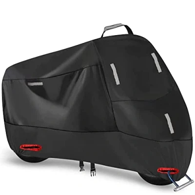 Abbildung von 300D Motorradabdeckung Outdoor Wasserdichten Motorrad Abdeckplane Roller Abdeckhaube Motorradplane Schutzhülle mit 5 Reflektionsstreifen und 2 Schlossloch Winddichte Schnalle (M: 200x90x100cm)