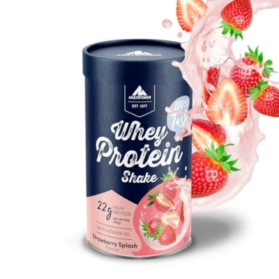 Abbildung von Multipower Whey Protein Shake Pulver 420g, mit Erdbeer Geschmack und Vitamin B6, ideal zur Regeneration des Körpers nach dem Sport