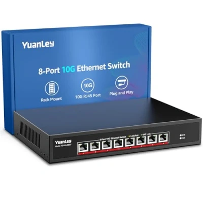 Abbildung von YuanLey 8 Port 10G Ethernet Switch, x 10Gbps RJ45 Ports, Unterstützt 10G/5G/2.5G/1G/100M Geschwindigkeit Auto Negotiation, 160Gbps Switching Kapazität, Unmanaged Switch Rackmountable, Plug and Play