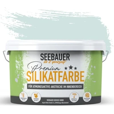 Abbildung von SEEBAUER diy Silikatfarbe Hellblau 2,5L für Innen (No. 823 Arctic Blue) Atmungsaktive Mineralfarbe Allergiker Abwaschbare Wandfarbe Blautöne hohe Deckkraft
