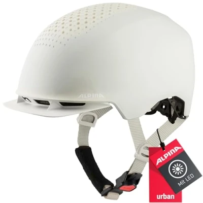 Abbildung von ALPINA IDOL Nachhaltiger, Beleuchteter &amp; Leichter Fahrradhelm Mit LED Licht Sonnenschild Für Erwachsene, off white matt, 52 56 cm