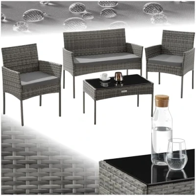 Abbildung von tectake® Rattan Gartenmöbel Set, Outdoor Lounge Möbel,1x Gartenbank, 2X Stuhl, 1x Balkontisch, mit Kissen wetterfest, Balkonmöbel Kleiner Balkon, Gartenmöbel, Terrassenmöbel Natur