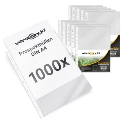Abbildung von versando 1.000x A4 Prospekthüllen Economy mit Heftrand Klarsichthüllen genarbt transparent 45my (10x100 Stück)