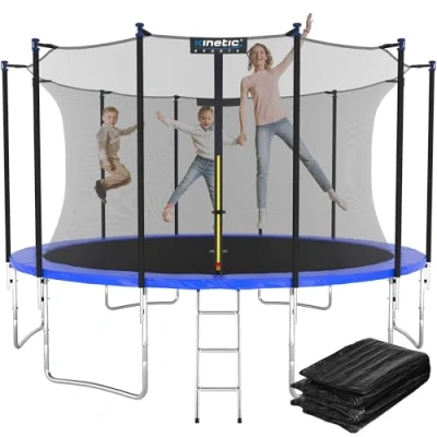 Abbildung von KINETIC SPORTS Trampolin Outdoor &#039;Salto Plus&#039; Ø 183/244/305/366/400/430/490 cm Komplett Set für Kinder, USA Sprungtuch, Netz, Randpolster, Leiter bis zu 160kg