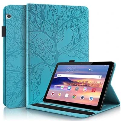 Abbildung von Aswant Huawei Mediapad T5 10 Hülle PU Leder Geprägte Baum Desgin Brieftasche Folio Flip Tasche Stifthalter Stand Funktion Tablet für 10.1 Zoll 2018 Blau